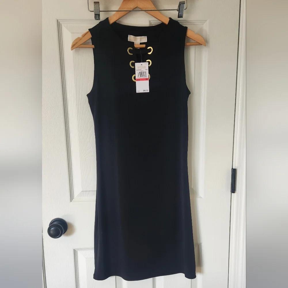 Michael Kors Sleeveless Dress BLACK GOLD LACE UP SZ XS - Picture 1 of 4